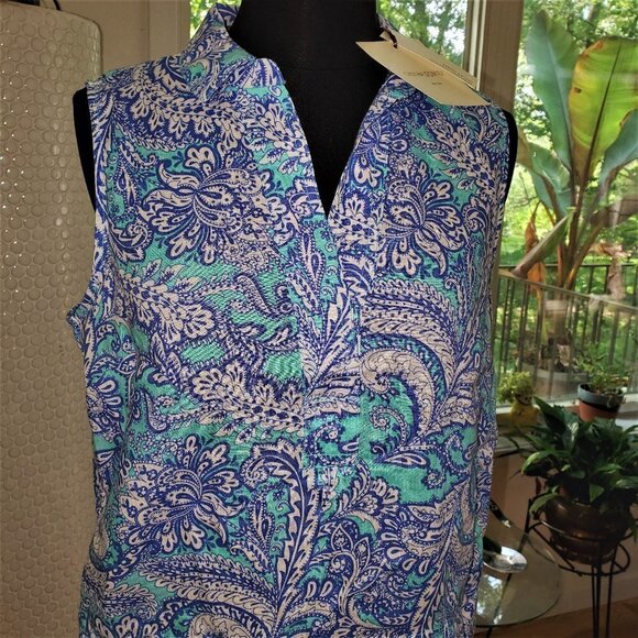 NWT Cynthia Rowley Paisley Linen Shift Dress Turquoise Size 4 Summer Tra… - Picture 2 of 4